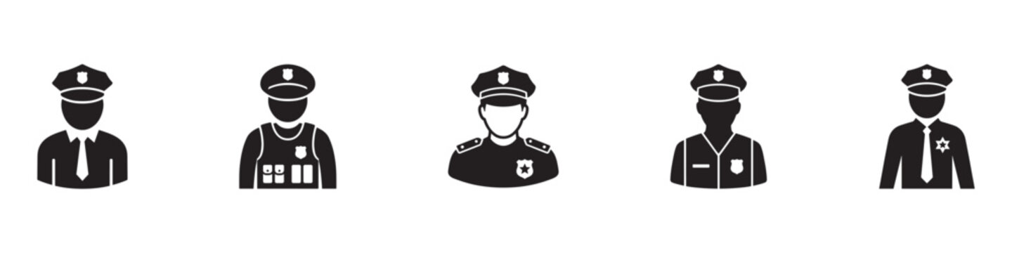 Police officer avatar icon set. Sheriff cop uniform symbol. Guard security man character logo. Vector illustration. Vector Graphic. EPS 10