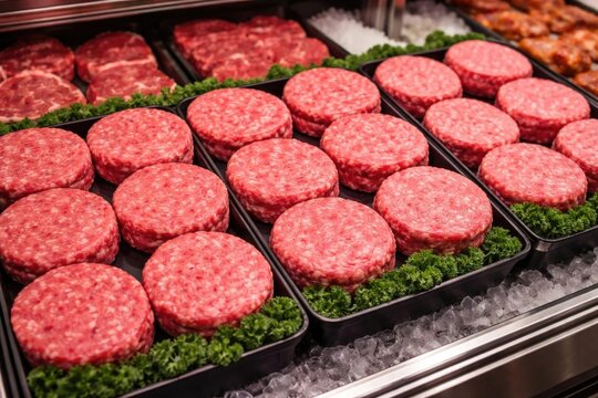 Beef Burger Patties Arranged on Ice in Supermarket Display Case