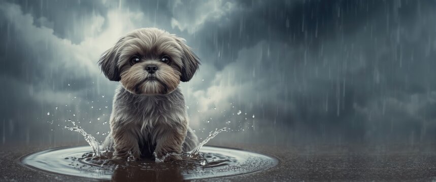 Dog Standing in Rainwater Puddle with Dark Stormy Clouds in Background
