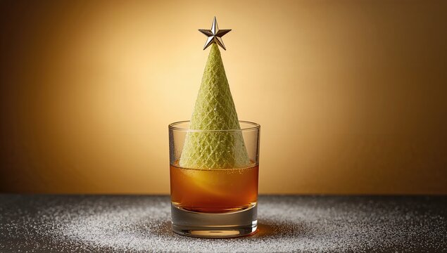 Festive Cocktail Glass with Green Christmas Tree Decoration and Star Topper on a Table
