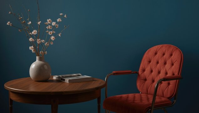 Red Upholstered Chair Next to Wood Table with Decorative Vase and Flowers Against Blue Wall