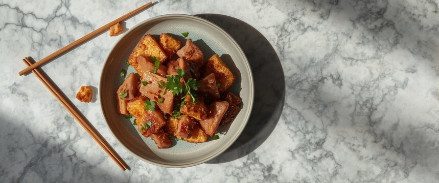 Tender Pork Stir-Fry with Tofu - Top View, Marble Background, Natural Light