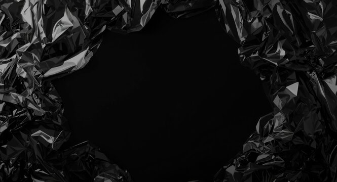 Crumpled Black Foil Frame with Dark Center Isolated on Black Background