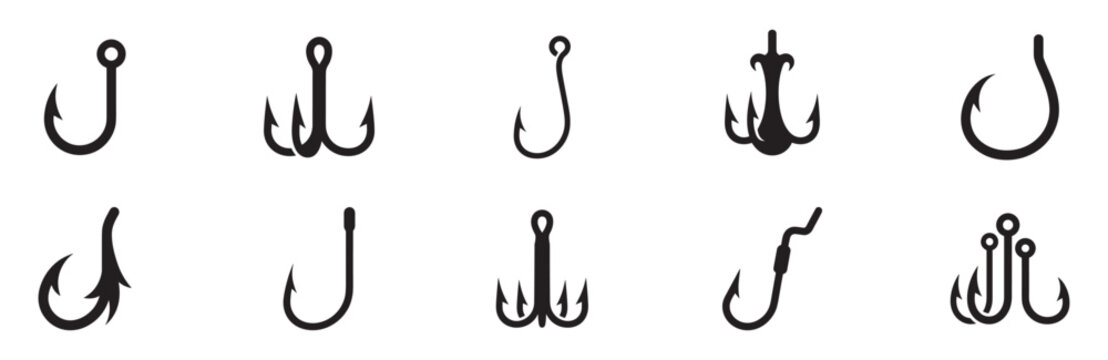 Fishing hook icon set. Fishhook tackle symbol. Angling equipment logo. Metal sharp barb sign. Vector illustration. Vector Graphic. EPS 10