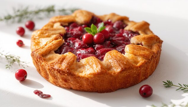Cranberry Pie Topped with Fresh Berries on a White Background