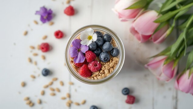 Granola Bowl Topped with Fresh Berries and Edible Flowers on a Table with Tulips