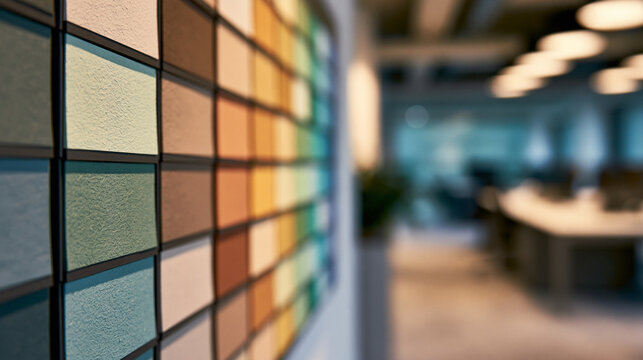 A close-up view of a professional color paint palette chart on a wall. This image is ideal for interior design planning and home renovation projects.