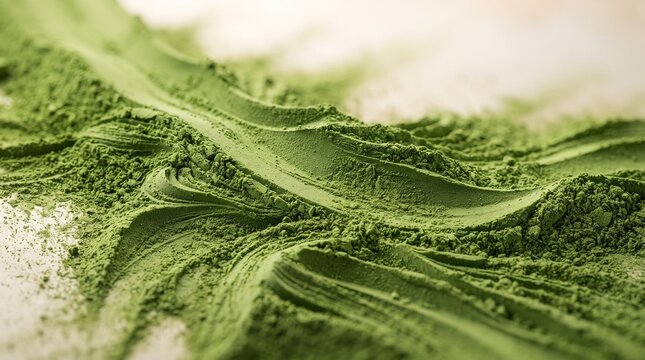 Artistic landscape created entirely from vibrant green matcha powder, featuring flowing dunes and delicate textures in a premium food art composition.