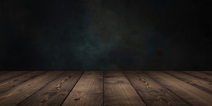 Wooden Floor with Dark Smoke Background in Dim Light