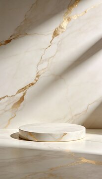 Minimal white marble podium background with flowing gold veins and soft shadow gradients, luxurious cream and gold tones, product display pedestal concept