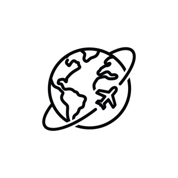 Airplane orbiting world globe travel outline icon with airplane aviation transport navigation