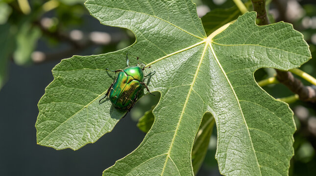 Shiny metallic green scarab beetle resting on a textured green fig leaf