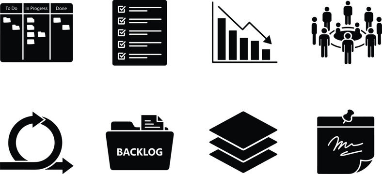 Agile project management icon set featuring kanban board scrum process loop backlog folder and checklist