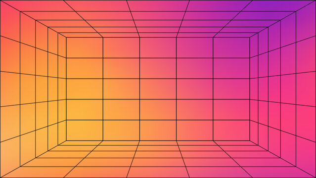 Room hologram 3d perspective background box grid wireframe line space tile model horizon vertical illustration technical vector future virtual template purple shapes cyberspace data floor.