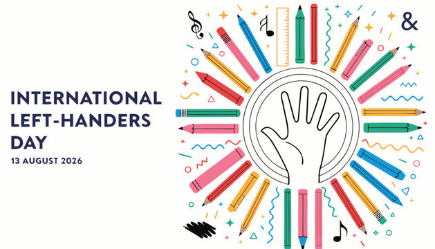 Colorful pencils arranged around a hand for international left handers day