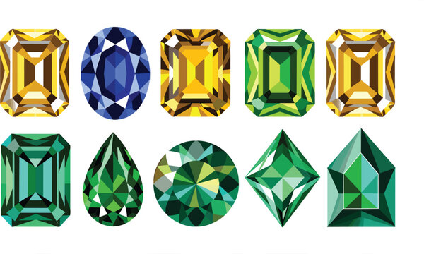 Colorful luxury gemstone vector set featuring emerald diamond sapphire and topaz crystals for jewelry fashion design element