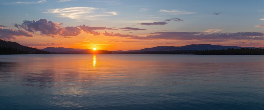 Sunset Over Calm Lake - Serene Reflection, Wide Angle, Peaceful Colors