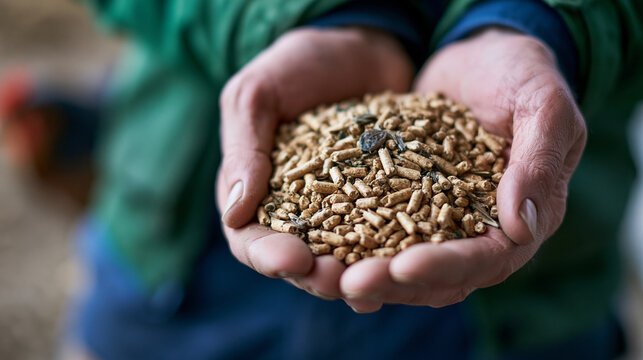 Close up of hands holding a handful of calf feed granules at a bright stock yard textured pellets in the cupped palms calf feed animal nutrition hands stock yard livestock