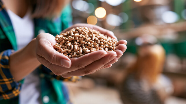 Close up of hands holding a handful of calf feed granules at a bright stock yard textured pellets in the cupped palms calf feed animal nutrition hands stock yard livestock