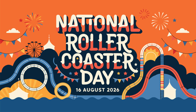 National roller coaster day celebration banner with colorful amusement park graphics