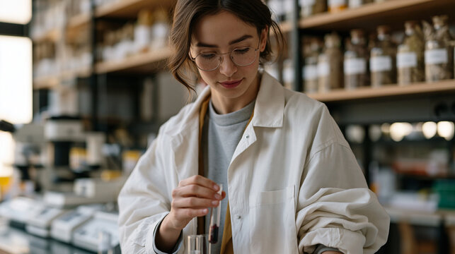 A polyphenol research nutritionist in a food science laboratory measures dark berry extract into a centrifuge tube, antioxidant analysis equipment arrayed across a clean bench,