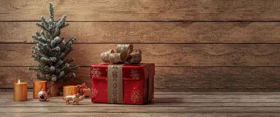 Fototapeta premium Christmas Gift Box Next to a Mini Pine Tree and Candles on Rustic Wood Background