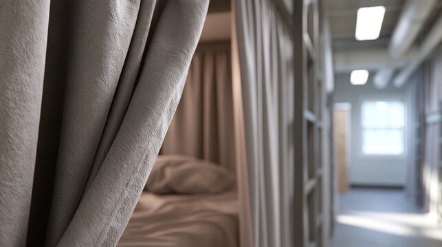 A view inside a capsule hotel room with soft curtains for privacy. This modern hostel interior concept represents affordable urban travel and minimalist living.