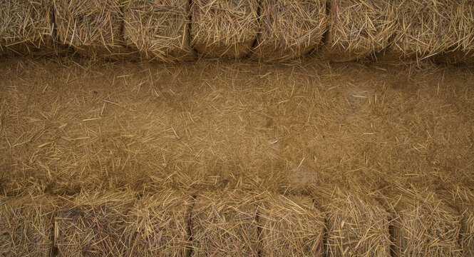 Straw Bales Arranged in Rows on Dry Ground with Natural Texture
