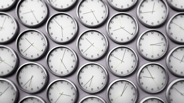 Modern wall clocks showing different time zones of world cities. 3D illustration