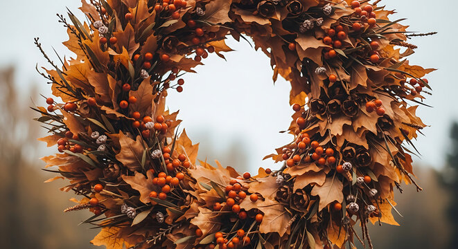 Autumnal fall wreath with orange leaves and berries for seasonal decoration