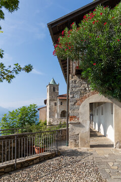 Historic medieval monastery courtyard and bell tower at Lake Maggiore