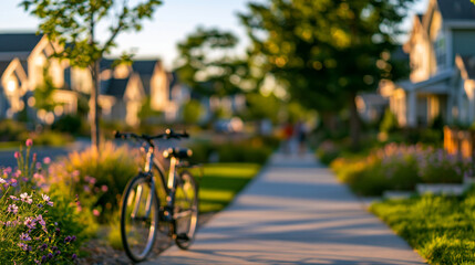 Fototapeta premium A bicycle parked on a sidewalk in a peaceful residential neighborhood during sunset. This image evokes feelings of suburban lifestyle, community, and leisure.