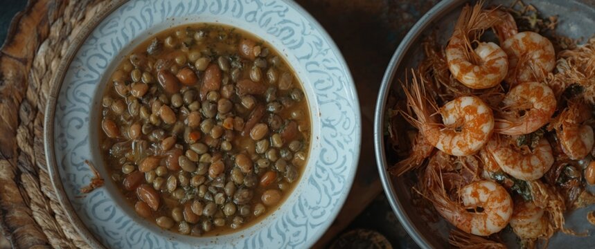 Lentil Stew and Cooked Shrimp Served in Rustic Bowls on a Wooden Table