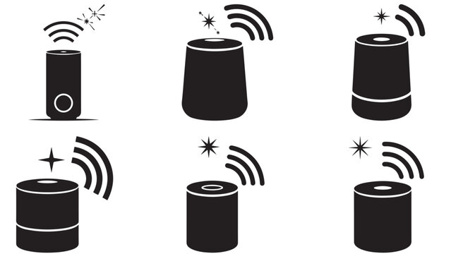 Wireless speaker icon variations with signal waves and sparkles, minimal dark silhouette audio device illustrations on transparent background