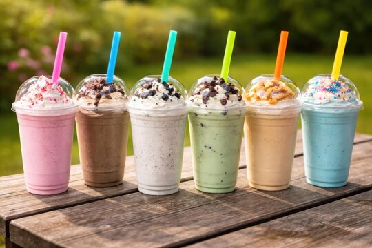 Colorful Milkshakes in Clear Cups with Straws on Wooden Table in Outdoor Setting