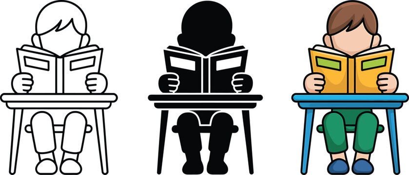 Schoolboy reading a book at a classroom desk in silhouette, and color and boy, reader, and school icons set and black and kid in outline style