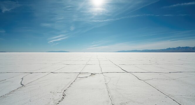 Wide view of vast salt flats terrain under bright sky