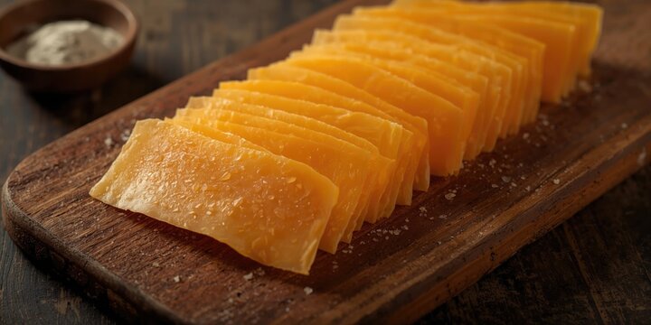 Sliced Aged Cheddar Cheese with Sea Salt on a Wooden Board