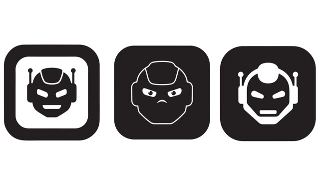 Three dark robot face app icons with different expressions and futuristic head designs isolated on black background