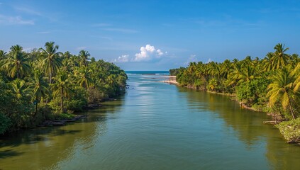 Fototapeta premium Tropical River Flowing Through Lush Palm Forest Under Clear Blue Sky
