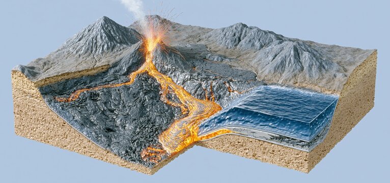 Educational science diagram of volcanic eruption caused by oceanic plate subduction beneath continental crust.