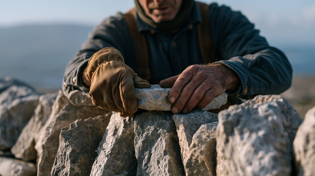 An Irish stone wall builder carefully selects and fits a flat limestone cap piece onto a dry-stone boundary wall, countryside field system, traditional agricultural heritage,