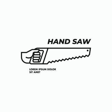 Hand holding a handsaw minimal line art outline logo design. Cartoon handsaw symbol logo icon sign