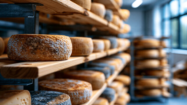 Rows of maturing artisan cheeses on wooden racks in a bright aging room natural rinds in varied tones quiet order of the ripening process maturing cheese artisanal production