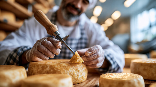 Cheesemaker in white coat and apron taking a core sample of premium quality cheese with a metal trier close up of the gloved hands and the golden cheese plug bright dairy