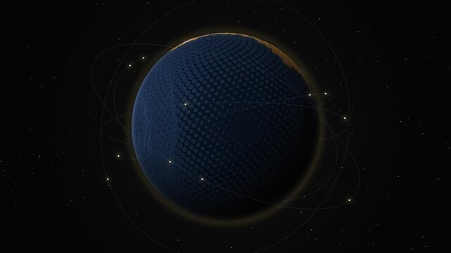Digital earth globe with a hexagonal grid pattern and orbital satellite rings in deep space