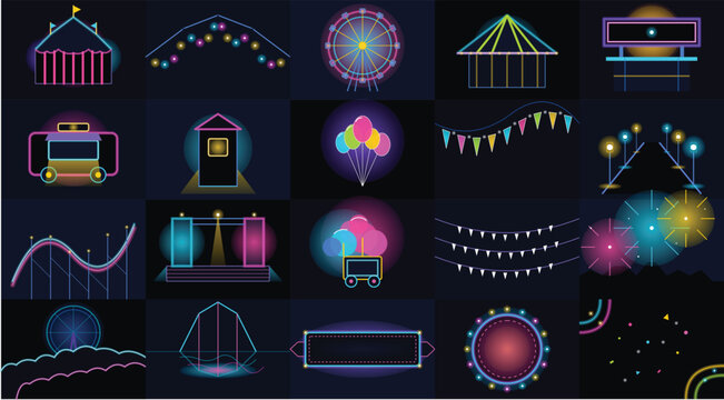 Neon carnival fair vector bundle set with glowing light elements, amusement park sparkles, and festive bunting flags