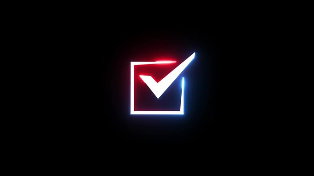 Neon glowing check mark symbol inside a square box isolated on black background motion clip.