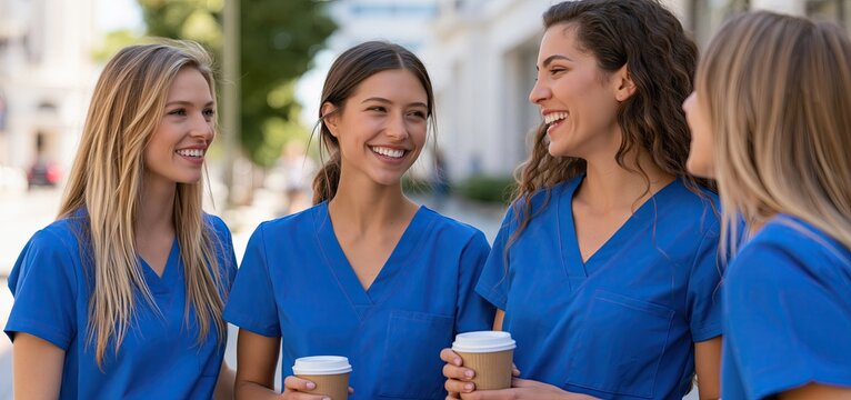 A cheerful group of nurses in blue scrubs gathered outdoors, sharing coffee and conversation on a sunny city sidewalk.