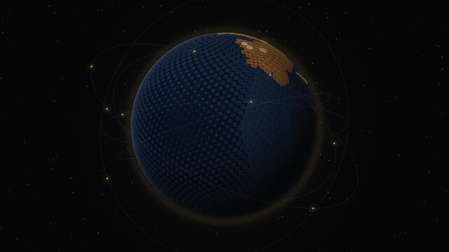 Digital earth globe with a hexagonal grid pattern and orbital satellite network in deep space